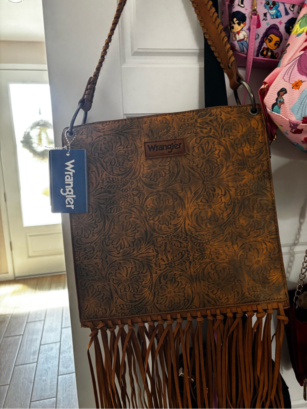 Wrangler Embossed Floral Fringe Shoulder Bag in Tan